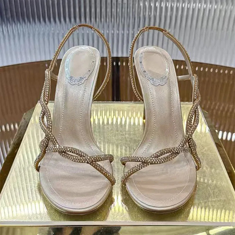 Bling Crystal Studded Thin Heels Sandals Woman Rhinestone Cross-tied High Heels Banquet Shoes Summer Stiletto Sandalias Women