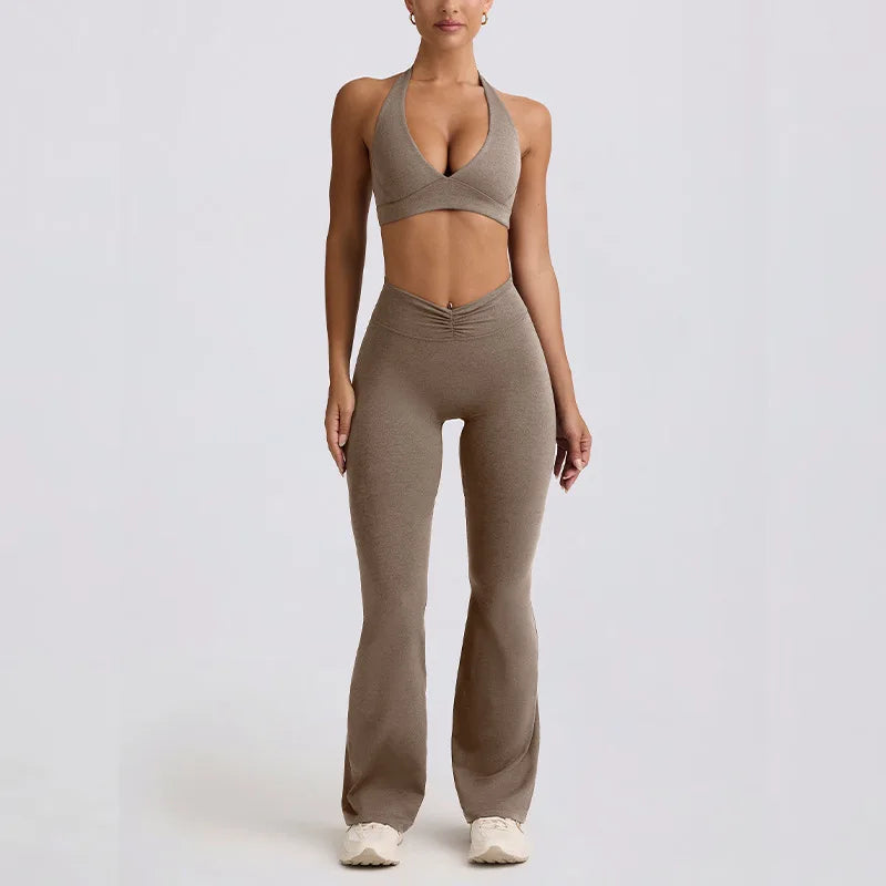 Women's Yoga Suits Camisole Backless Nude Beautiful Back Neck Hanging Bra Flared Pants Fitness Set