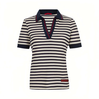 Fashion Stripe Knitted Polo Neck T Shirt For Women Soft Chic Short Sleeve Casual Pullovers 2025 Summer New Lady Street Tops