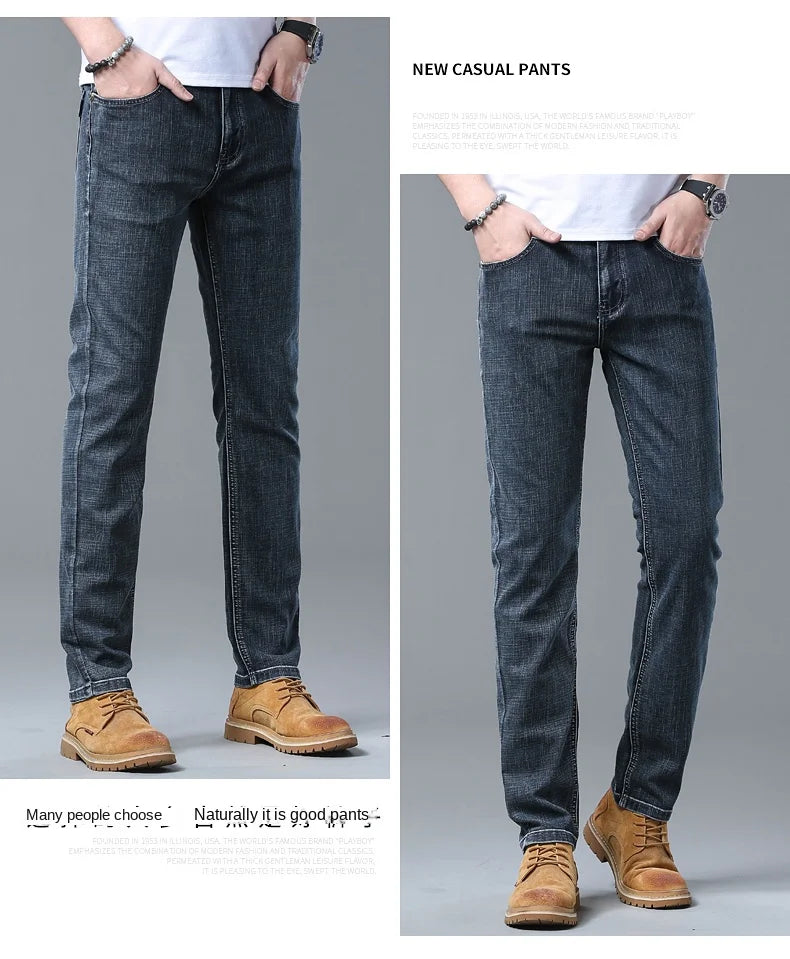 2026 Brand New Men  Straight Blue Gray Jeans Business Fashion Classic Style Cotton Stretch Denim Pants Male Brand Trousers