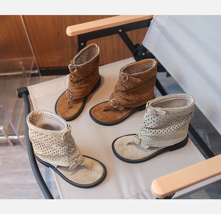 Ankle-strap Summer Slouchy Boots for Girls Suede Leather High-top Sandals Princess Cut-outs Flip Flop Dress Shoes Child J03203
