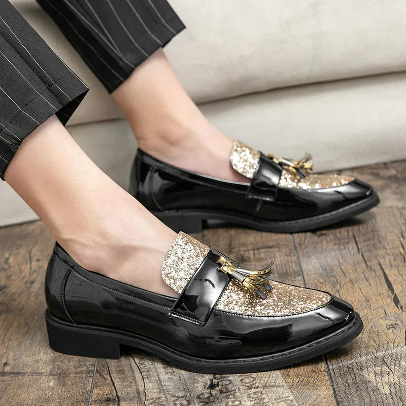 Men's Sequined Leather Dress Shoes – Shiny Formal Party Footwear, Black/Gold, EU 40–47