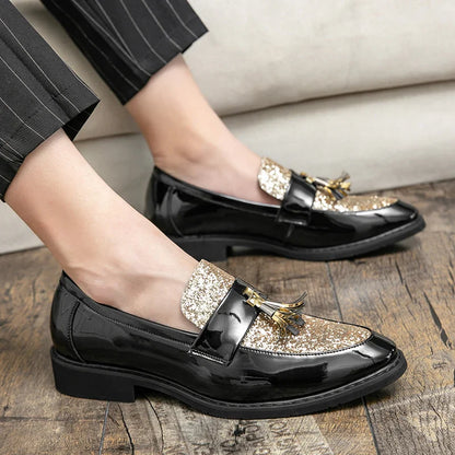 Men's Sequined Leather Dress Shoes – Shiny Formal Party Footwear, Black/Gold, EU 40–47
