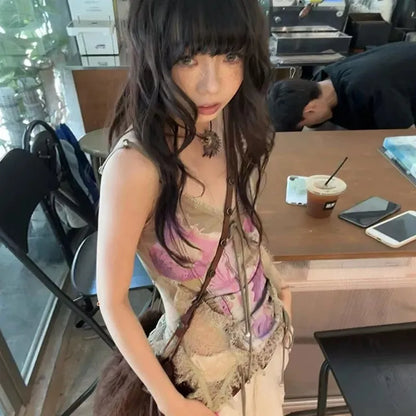 Gothic Tank Tops Women Sleeveless Tie Dye Y2k Vintage Crop Tops Streetwear 2000s Japanese Lace Up Camis E-girls Summer