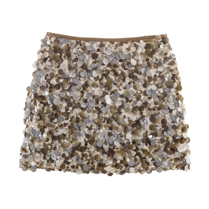 Women Spring Autumn Chic Mini Skirts Fashion With Sequined Solid Side Zipper Short Skirt Female Vintage High Waist Skirt
