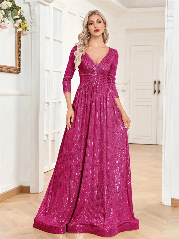 Luxury V Neck Long Sleeves Blue Sequins Formal Evening Dress Women 2024 Wedding Party Prom Maxi Cocktail Dress Gowns