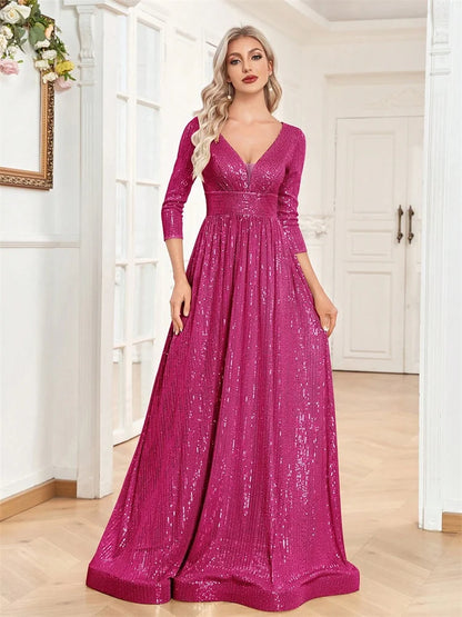 Luxury V Neck Long Sleeves Blue Sequins Formal Evening Dress Women 2024 Wedding Party Prom Maxi Cocktail Dress Gowns