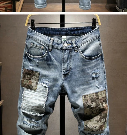2023 Spring and Autumn New Fashion Trend Ripped Elastic Slim Legs Men's Casual Comfortable Breathable High-Quality Jeans 28-36