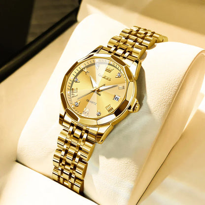 Fashion Golden Watch for Women Stainless Steel Waterproof Women's Watches Elegant Original Luxury Ladies Quartz Wristwatch