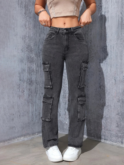 Women's work pants straight leg jeans with multiple pockets, super elastic straight leg casual retro high waisted comfortable st