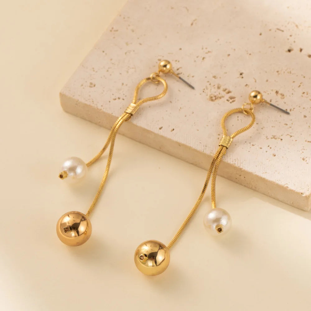 Pearl Long Tassel Drop Dangle Earrings for Women Luxury Gold Color Stainless Steel Ball Stud Jewelry