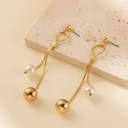 Pearl Long Tassel Drop Dangle Earrings for Women Luxury Gold Color Stainless Steel Ball Stud Jewelry