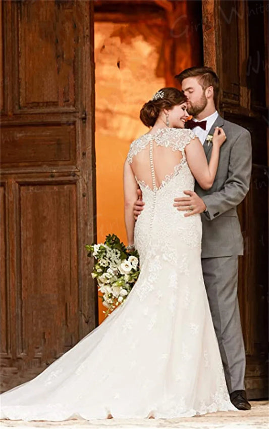 Lace Appliques Mermaid Wedding Dress Backless Cap Sleeve Trumpet Bride Dresses Sweetheart Vestido De Novia  Robe De Mariée