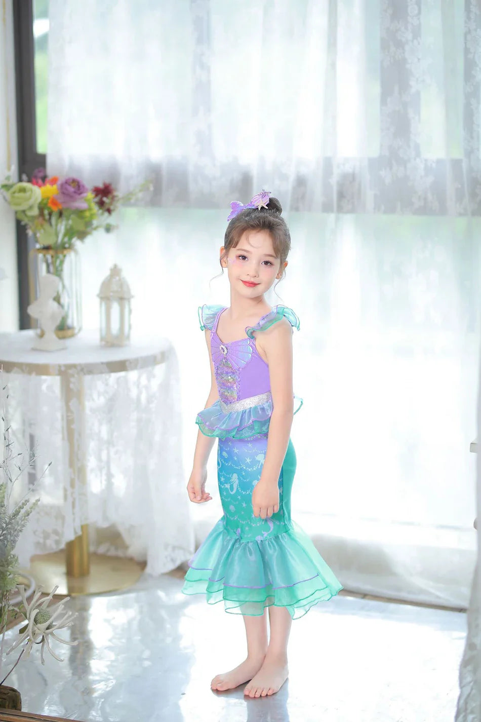Ariel Cosplay Princess Costume Kids Cartoon Printed Dress Girls Halloween Children Carnival Birthday Party Clothes