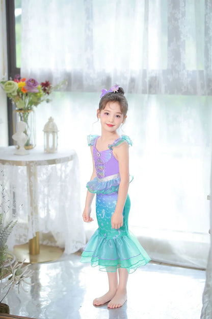 Ariel Cosplay Princess Costume Kids Cartoon Printed Dress Girls Halloween Children Carnival Birthday Party Clothes