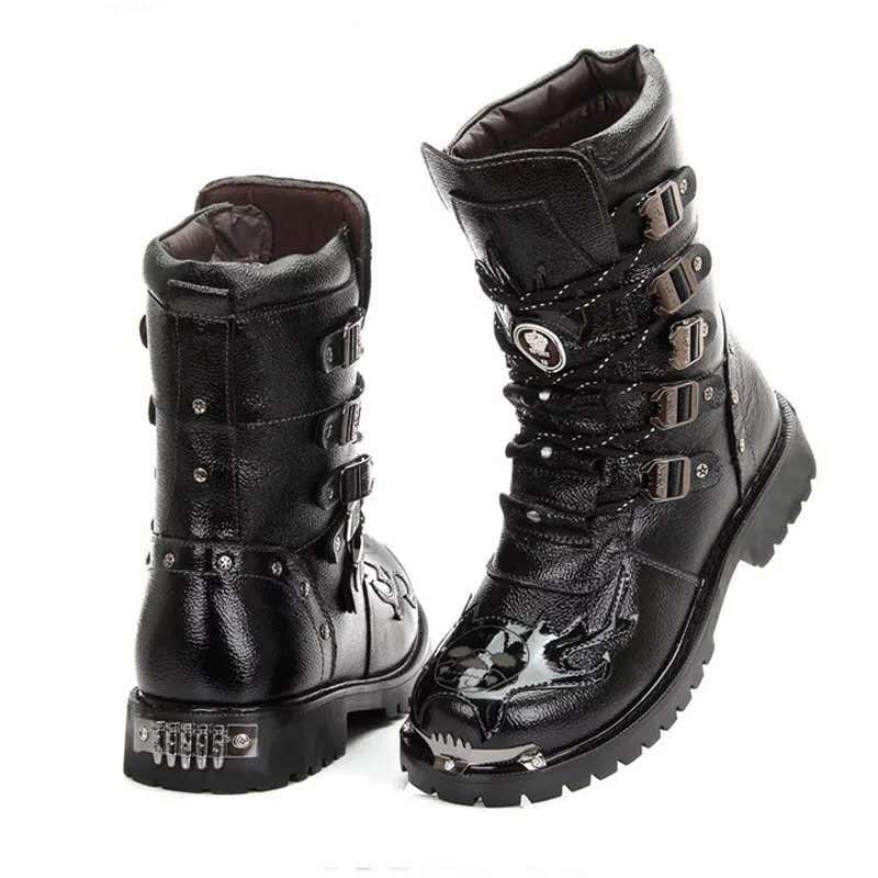 Men Motorcycle Boots Fashion Mid-Calf Punk Rock Punk PU Leather Black High Top Mens Casual Boot Steel Toe Shoes Big Size 38-46