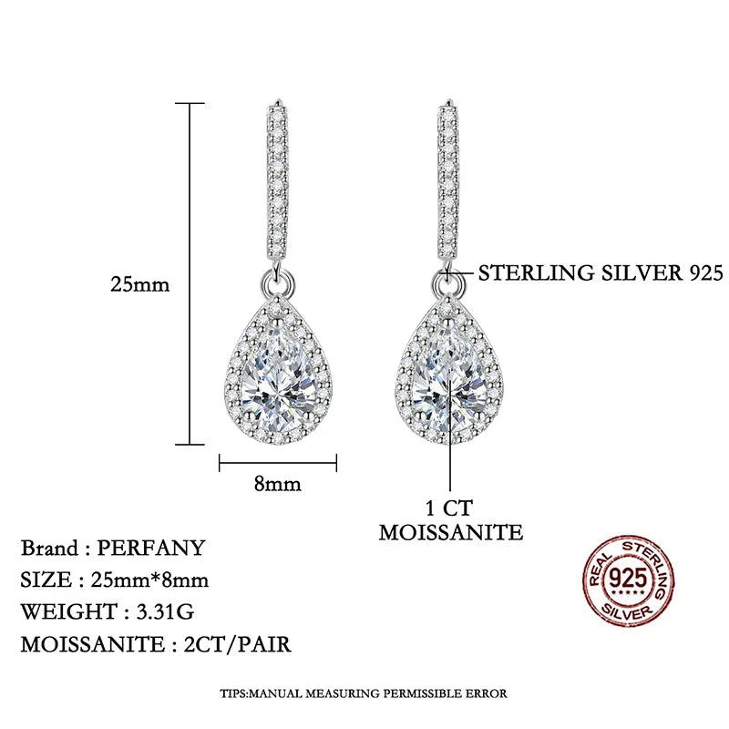 1CT Pear Cut Moissanite Earrings for Women S925 Pure Silver Laboratory Cultivated Diamonds Elegant Wedding Jewelry