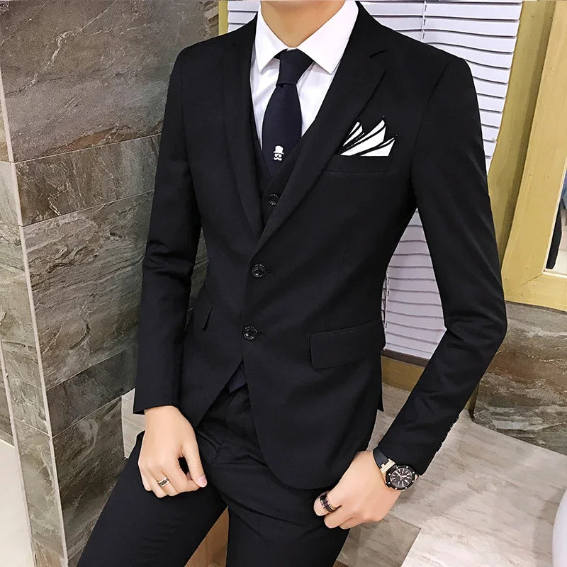 Suit (Blazer+vest+pants) Men's Fashion Business Korean Version of Solid Color Slim-fit Wedding Professional Gentleman Dress 6XL