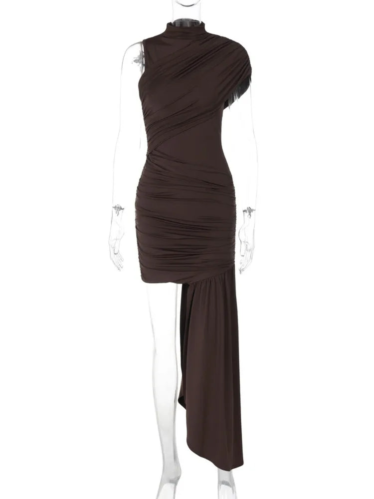 Irregular Draped Ruched Sexy Mini Dress For Women Elegant Turtleneck Sleeveless High Waist Pleated Club Party Dress