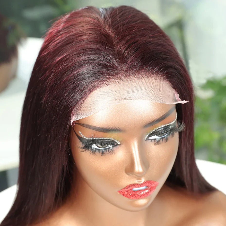 13x6 13x4 Frontal Bob 100%Human Hair Lace Front Wig Dark 99J Burgundy Square Cut Raw Vietnamese Bone Straight 250% Pre Plucked