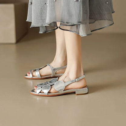 Women's New Round Head Spring/Summer Genuine Leather Sheepskin Spliced Low Heel Large Size Elastic Open Toe Sandals