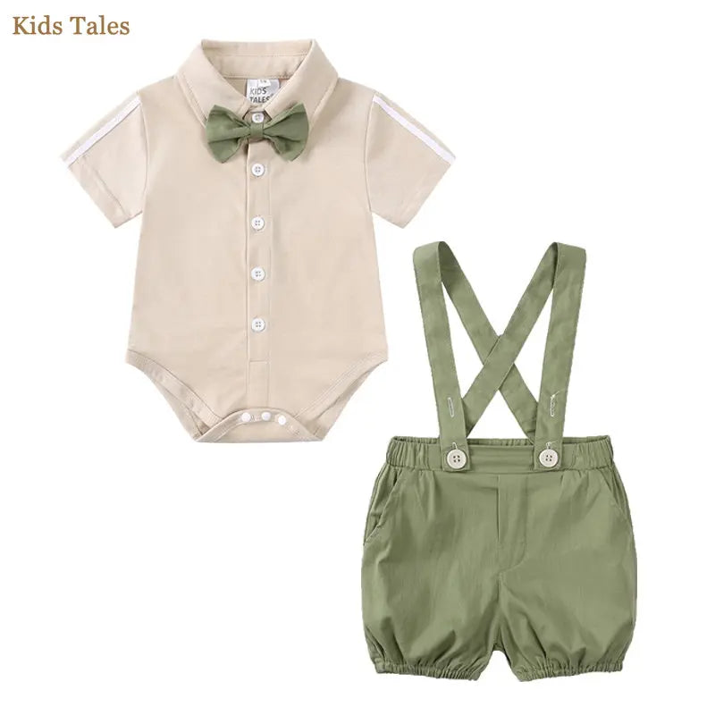 Infant Baby Boy Formal Outfit Newborn Gentleman Clothes Toddler Suit Set Short Sleeve Romper Shirt+Pants+BowTie+Suspender Shorts