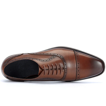 Men's Genuine Leather Brogue Oxfords, Business Formal Dress Shoes with Soft Rubber Sole