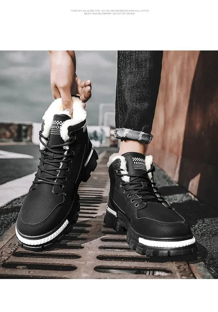 Men Snow Boots  Winter Anti Slip Plush Indoor Warm Cold Proof Snow Boots High Top Platform Lace Up Outdoor Sport Work Boots