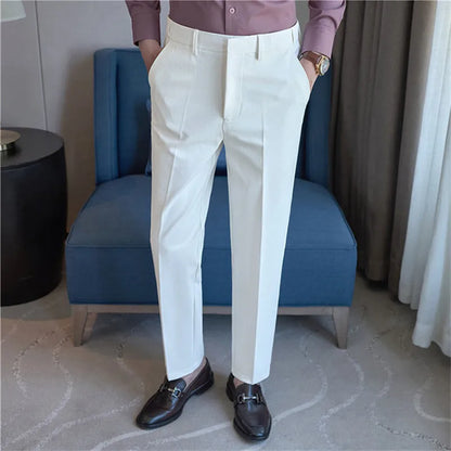 Spring Autumn Suit Pants Men Solid Color Fashion Slim Fit Smart Casual Suit Trousers Mens Elastic Waist Korean Full Length Pants