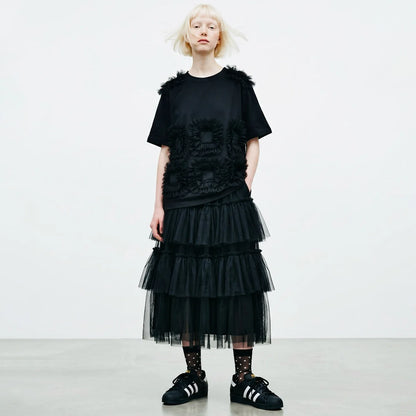 Spring Japanese Mesh High Waist Medium Length A-line Half length Skirt Women's Elastic Forest Black Cake Skirt 265434