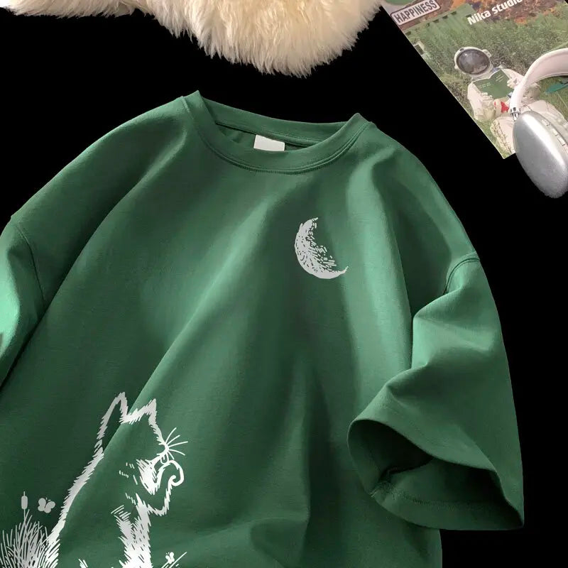 Men's T-shirts Oversized White Big Size 5XL Cotton T Shirt for Men Casual Summer Wear Cat Moon Print Tee Shirts Men Clothing