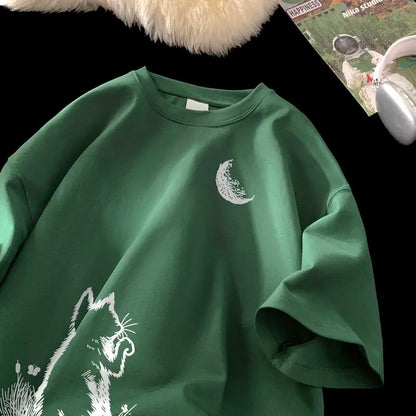 Men's T-shirts Oversized White Big Size 5XL Cotton T Shirt for Men Casual Summer Wear Cat Moon Print Tee Shirts Men Clothing