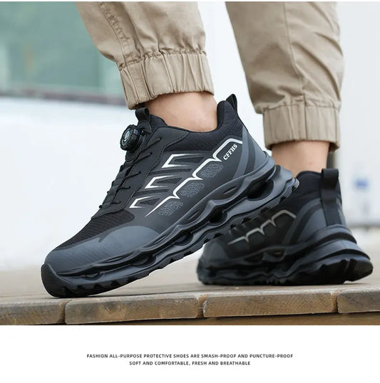 Shock Absorbing Safety Shoes for Men Steel Toe Lightweight Work Boots for Factory & Warehouse Rotary Button Indestructible Shoes