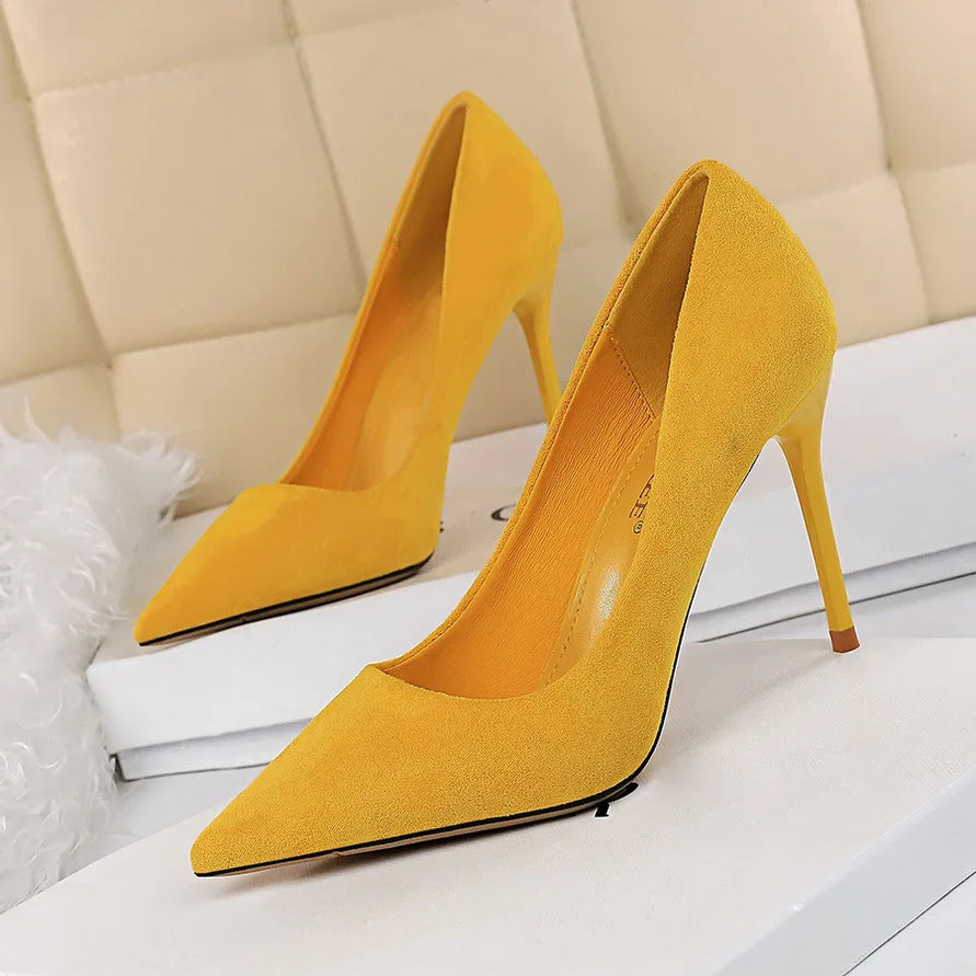 Women 9cm High Heels Pumps Stripper Flock Suede Plus Size Escarpins Lady Wedding Bridal Heels Escarpins Green Blue Yellow Shoes