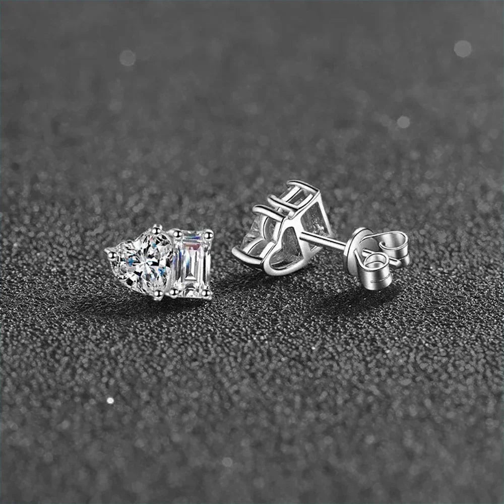 2-stone Heart Emerald Cut Moissanite Stud Earrings D Color Diamond with Certificates 925 Sterling Silver Ear Studs for Women