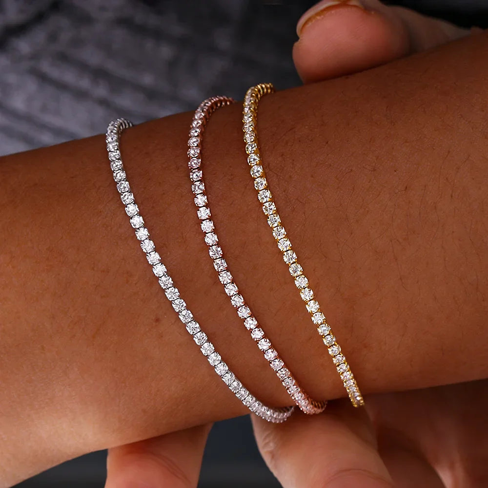 2mm Round Full Moissanite Diamond Tennis Bracelet for Women 925 Sterling Silver Plated 18K Gold Adjustable Wrist Chain Jewelry