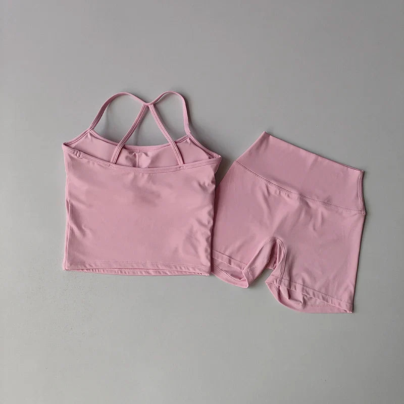 Women's yoga exercise set, popular slim shoulder yoga vest paired with high waisted, waist hugging, naked yoga three part shorts