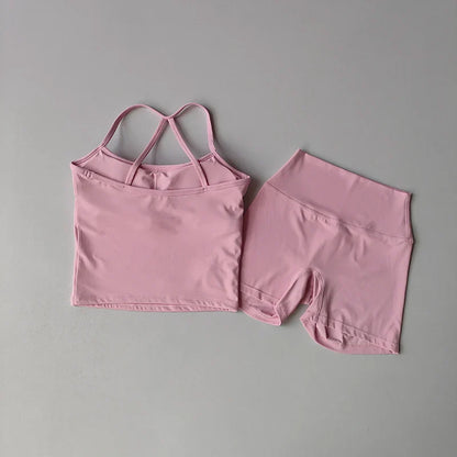 Women's yoga exercise set, popular slim shoulder yoga vest paired with high waisted, waist hugging, naked yoga three part shorts