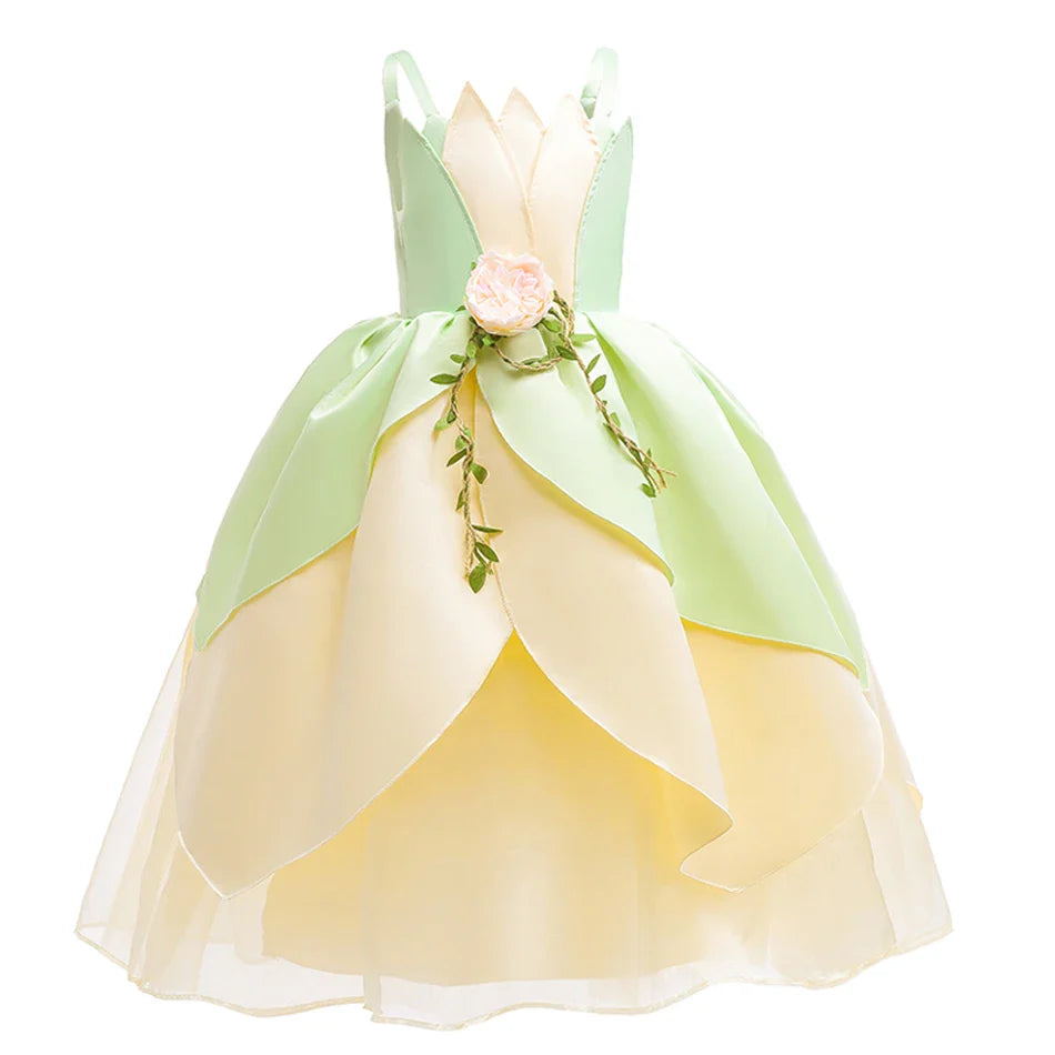 Kids Girl Tiana Dress for Girls Birthday Party Halloween Ball Gowns Evening Birthday Fancy Layered Costume Floral Fairy Clothing