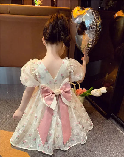 1-8 Years Old Summer Full Print Rose Flower Lace Girls Dress Big Bow Pearl decoration Princess Party Dress For Kids