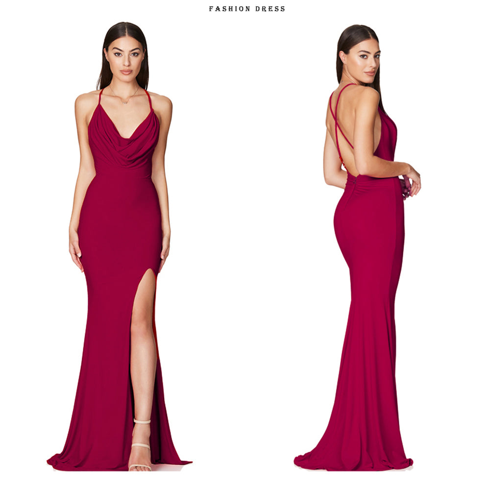Cowl Neck Backless Cross Straps Split Stretch Bridesmaids Dress Wedding Guest Mermaid Sleeveless Slim Party Evening Gown