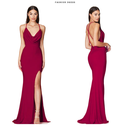 Cowl Neck Backless Cross Straps Split Stretch Bridesmaids Dress Wedding Guest Mermaid Sleeveless Slim Party Evening Gown