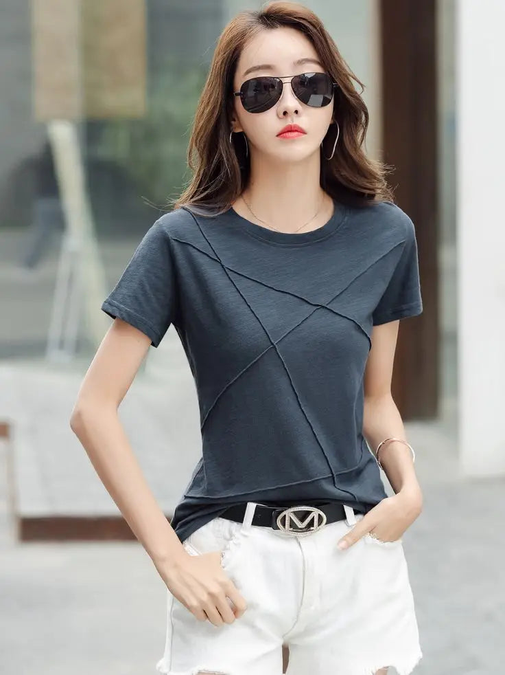 Summer Slim Cotton Bamboo T-Shirts Women 2026 O-Neck Short Sleeve Ribbed Tshirts Female Casual Solid Color Tops