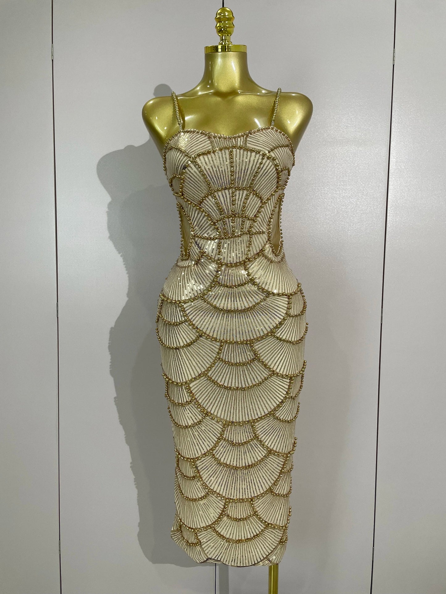 Women Hot Sale Sleeveless Sexy Strap Pearl Beading Sequins Bodycon Long Dress Celebrate Evening Party Birthday Outfit Vestido