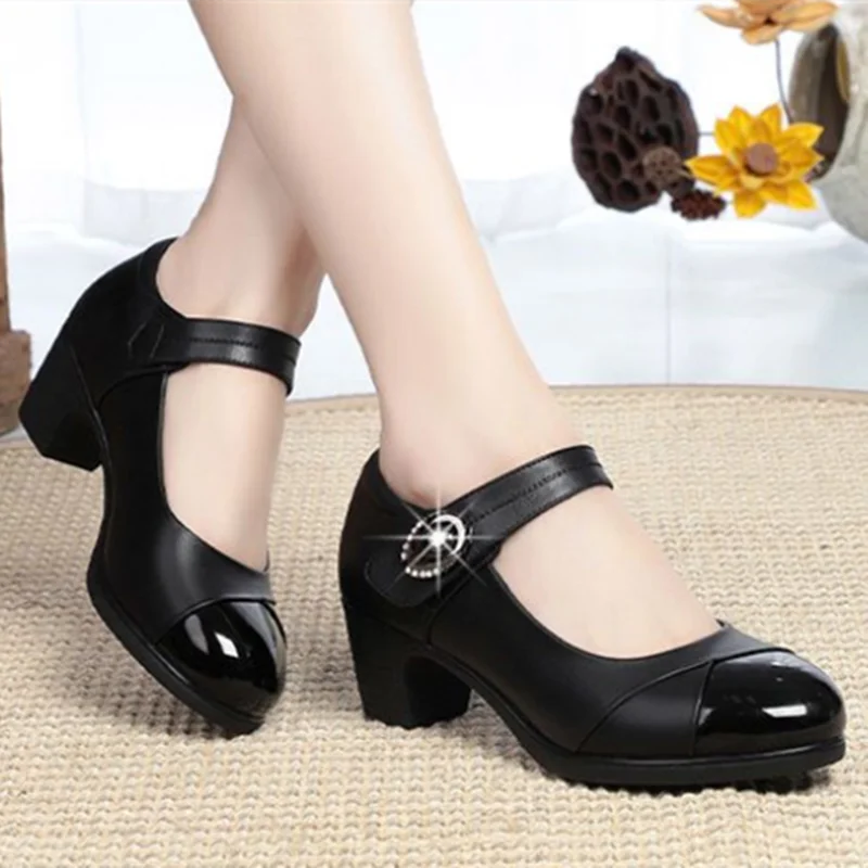 women fashion round toe buckle strap patent leather office high heel shoes lady classic wine red shoes  ba05