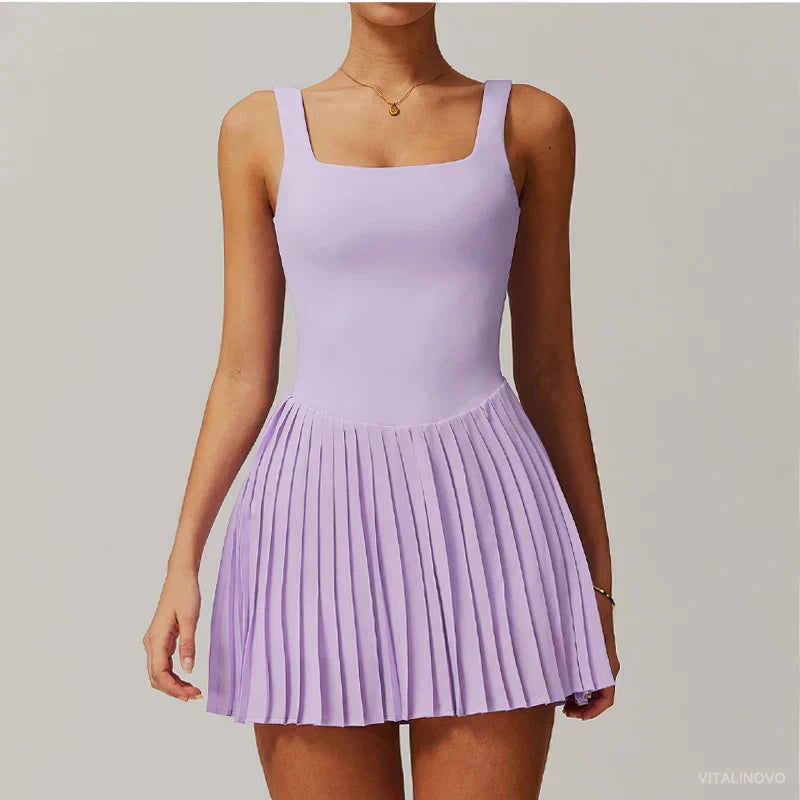 Workout Tennis Dress with Built in Shorts Square Neck Padded Workout Dress with Pockets Golf Athletic Mini Dresses