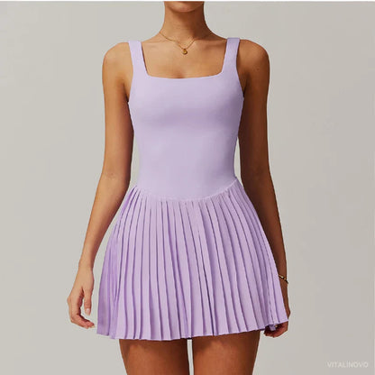 Workout Tennis Dress with Built in Shorts Square Neck Padded Workout Dress with Pockets Golf Athletic Mini Dresses