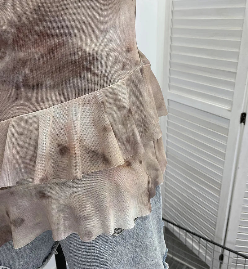 2025 Mesh Camisole for Women Stretch Casual Tie Dyeing Braless Sleeveless Adjustable Straps Asymmetrical Ruffle Tops