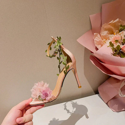 Summer Pink Sweet Chiffon Flower Dream High Heels Lace up Sandals Wedding Banquet Women's Shoes