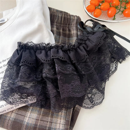 Korean Sweet Embroidered Ruffled Lace Trim Fart Curtain A Line Skirt Women High Waist Layering Cake Skirts Y2K Girls Streetwear